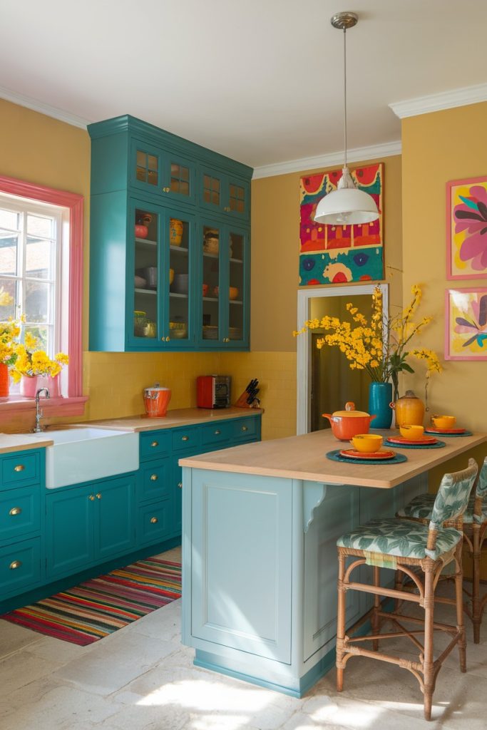 Colorful kitchen with teal cabinets, yellow walls and bright decor. Features include a central island, potted plants and vibrant wall art. A striped rug provides contrast on the floor.