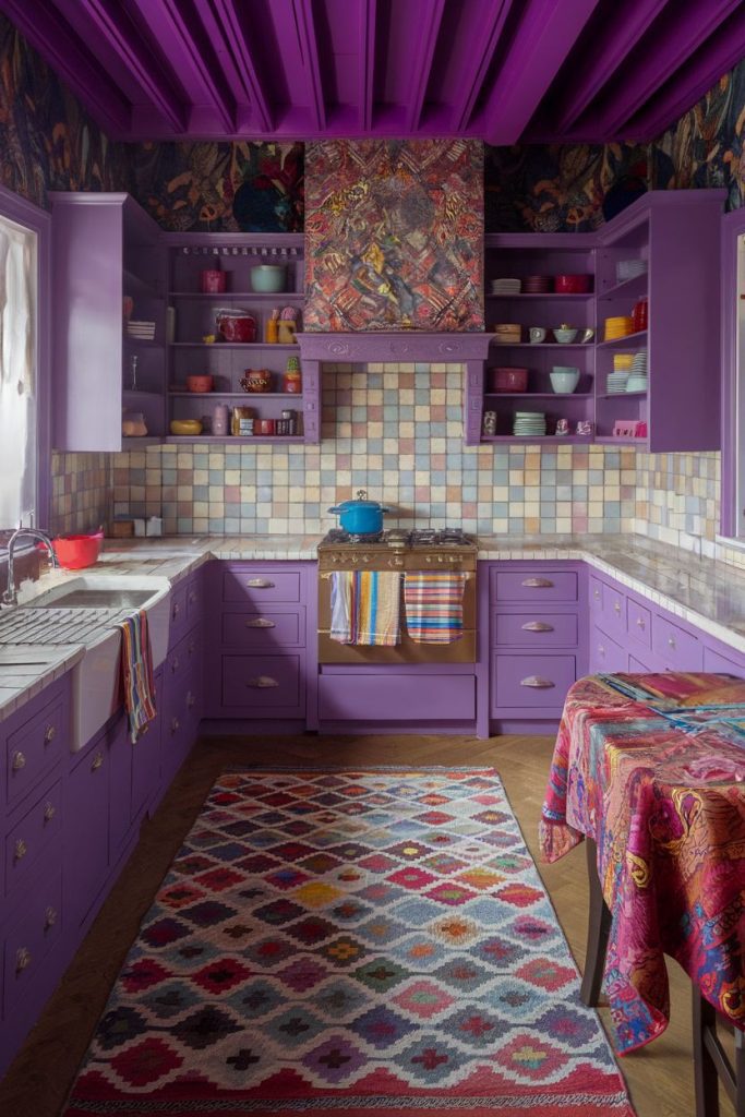 A vibrant kitchen with purple cabinets, colorful tiled backsplash, patterned carpet and a purple ceiling. Various dishes and cookware are displayed on the shelves. A table is covered with a colorful cloth.