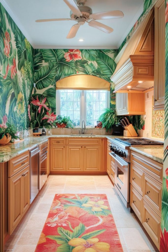 A tropical-style kitchen with wooden cabinets, floral wallpaper, a patterned rug, and a ceiling fan. A window above the sink lets in natural light and highlights the plants on the countertops.