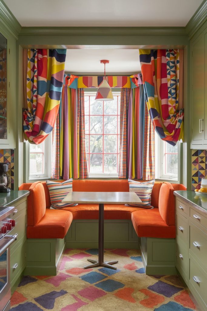 A colorful kitchen nook with green cabinets, orange seating and a table. Brightly patterned curtains and a rug provide a vibrant contrast. A window lets in natural light.