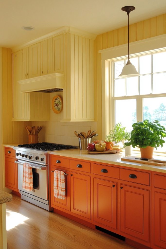 A kitchen with orange base cabinets, yellow upper cabinets, a stainless steel stove, plants on the countertop and a window with natural light.