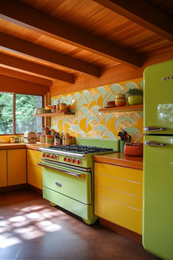 Retro-style kitchen with green appliances, yellow cabinets and multi-colored tile backsplash. Wooden ceiling and large window with a view of trees.