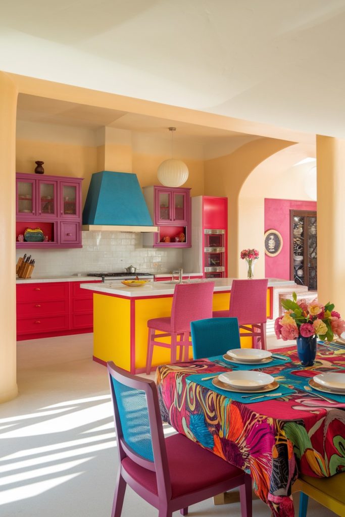 Vibrant kitchen with red, yellow and blue elements. Features colorful cabinetry, island, patterned tablecloth and chairs in an open, airy layout.