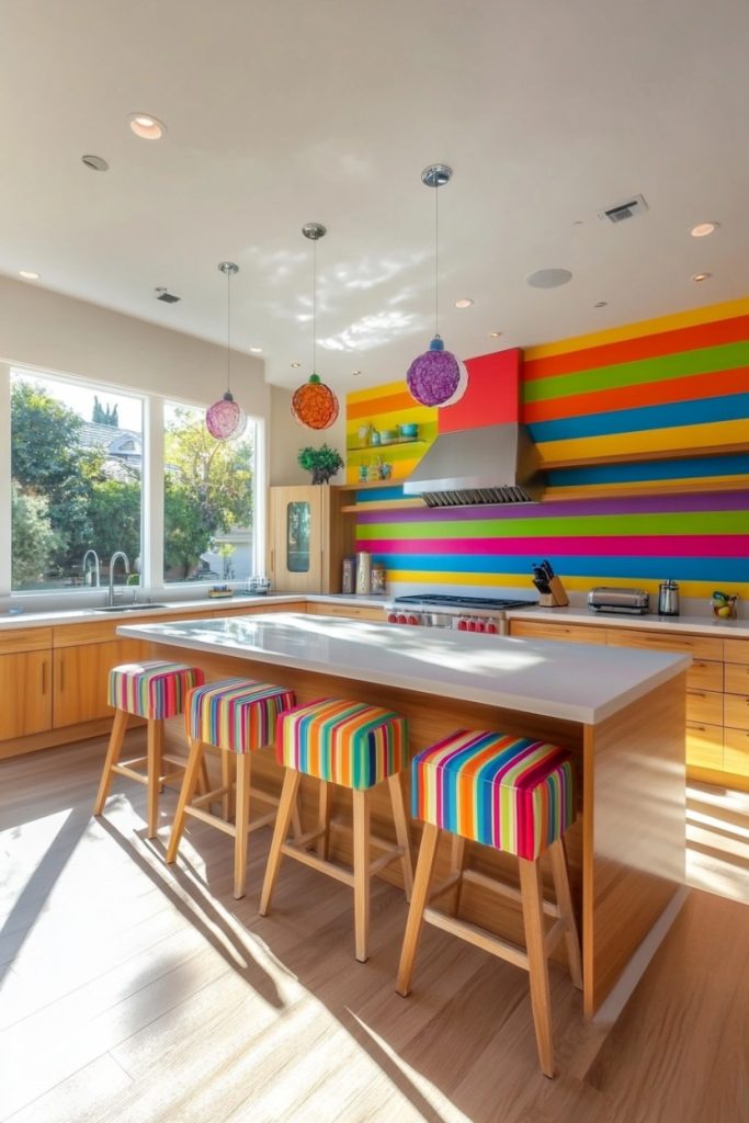 A kitchen with colorful striped walls, matching bar stools and three pendant lights. Light wooden furniture and floors. Large windows provide natural light.