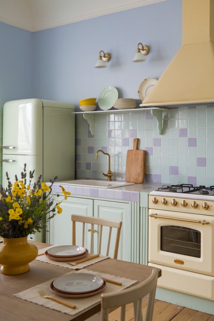 A pastel-style kitchen with a retro refrigerator, gas stove, yellow vase with flowers on the table and tiled back wall. Plates sit on a shelf above the sink.