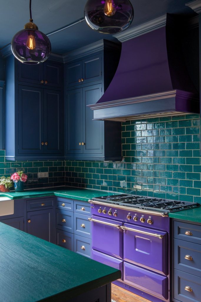 A kitchen with dark blue cabinets, green tile backsplash, a purple stove and a matching purple hood. Two purple pendant lights hang from the ceiling.