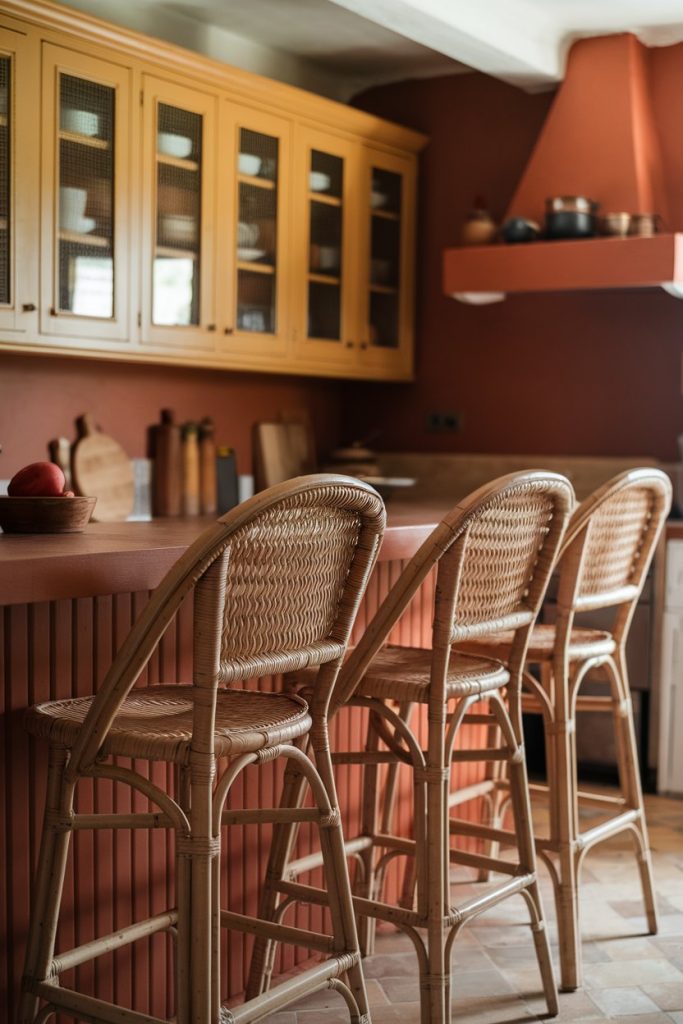 A rustic kitchen features wicker bar stools at a counter, wood cabinets, and reddish-brown walls.