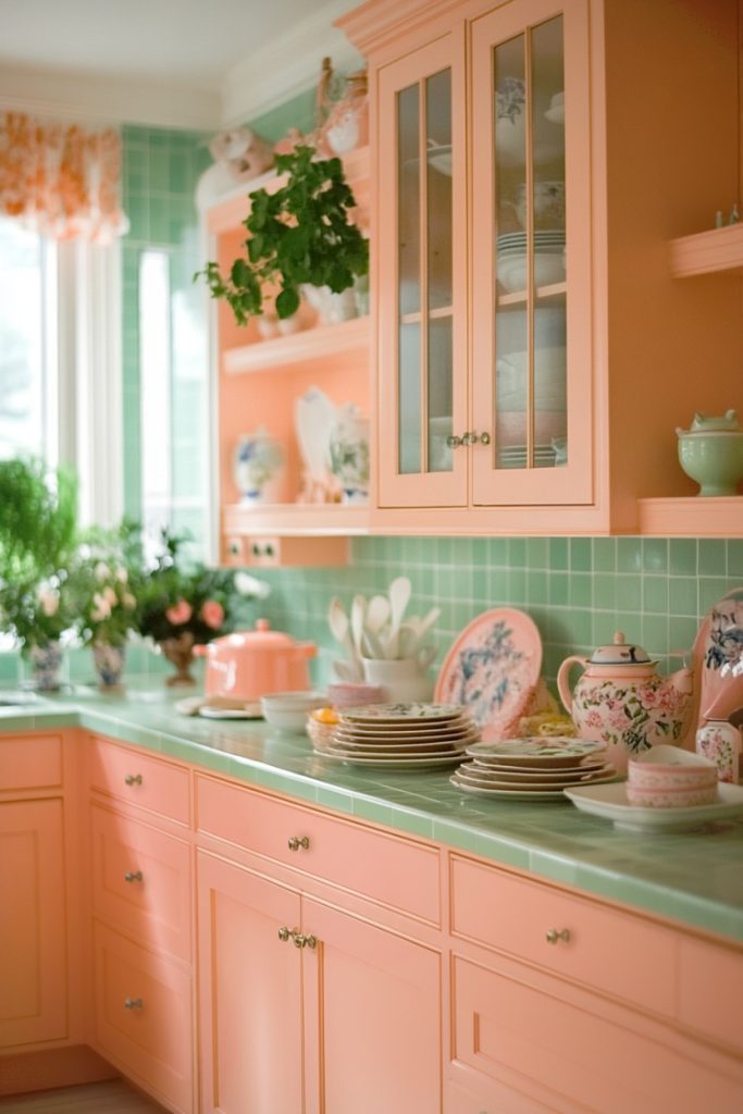 A pastel-colored kitchen with peach-colored cabinets, green tiles, stacked plates, and a tea set on the counter. A plant and flowers stand near the window.