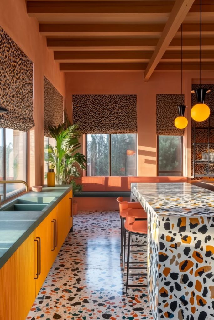 Colorful kitchen with terrazzo countertops, orange cabinets and cheetah print blinds. Three pendant lights hang above a large island. Large windows brighten the room.