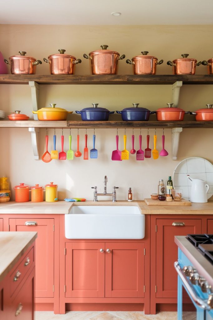 A kitchen with copper pots on shelves, colorful Dutch ovens and colorful utensils hanging over a farmhouse sink. There are spice jars and a cutting board next to the sink.