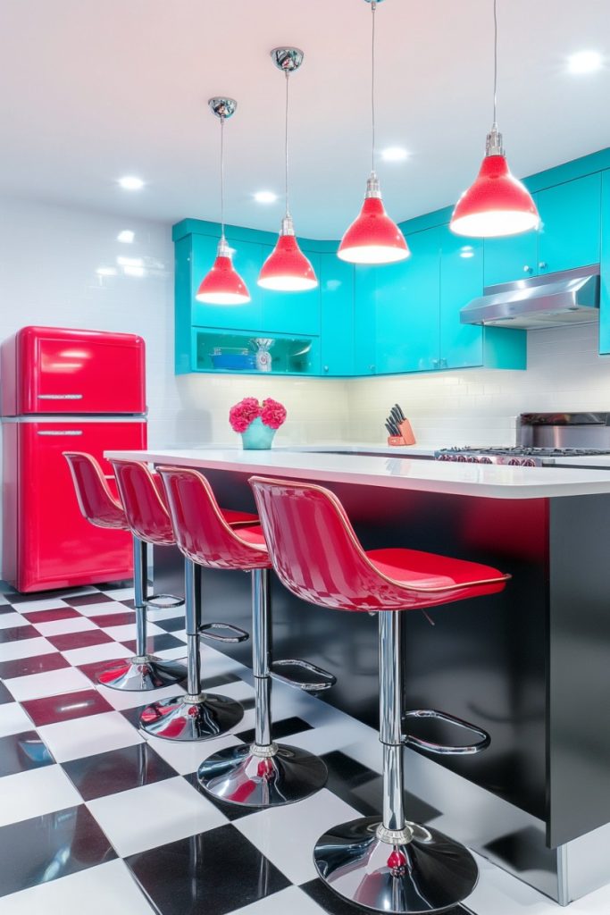 A modern kitchen with blue cabinets, a red refrigerator and red pendant lights. Red bar stools sit at a black kitchen island on a black and white checkered floor.