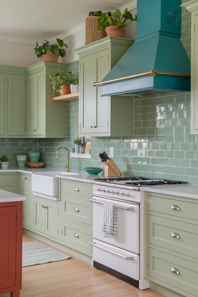 A kitchen with bright green cabinets, a white farmhouse sink, a teal range hood and a vintage-style white stove. Green tiles cover the wall and potted plants provide additional decoration.