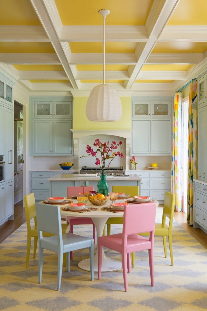 A bright kitchen with pastel cabinets, a round table, colorful chairs and a patterned rug. Yellow walls and ceiling, with central pendant light and a vase of red flowers on the table.