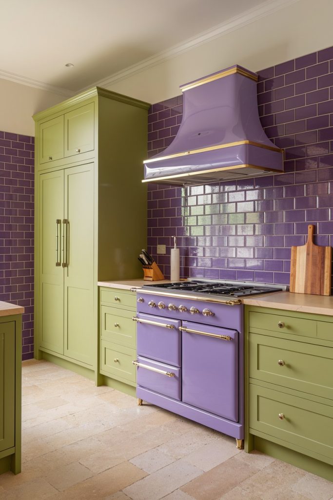 A kitchen with green cabinets, a lavender stove and hood, and a purple tile backsplash. Light stone floors and wooden cutting boards are visible.