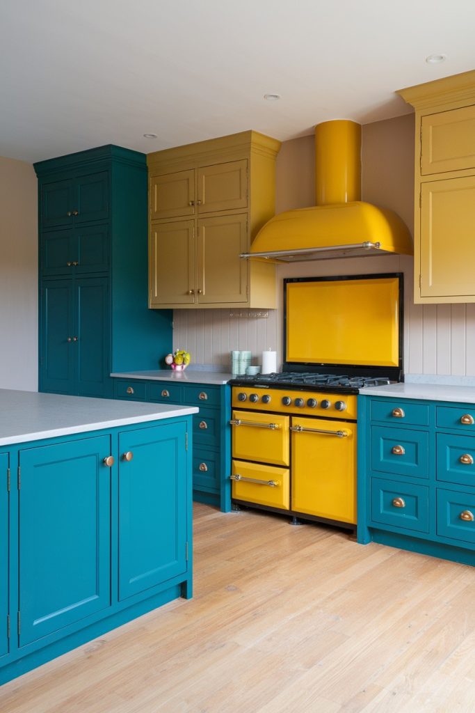 A kitchen with teal cabinets, a yellow stove and hood, and hardwood floors.