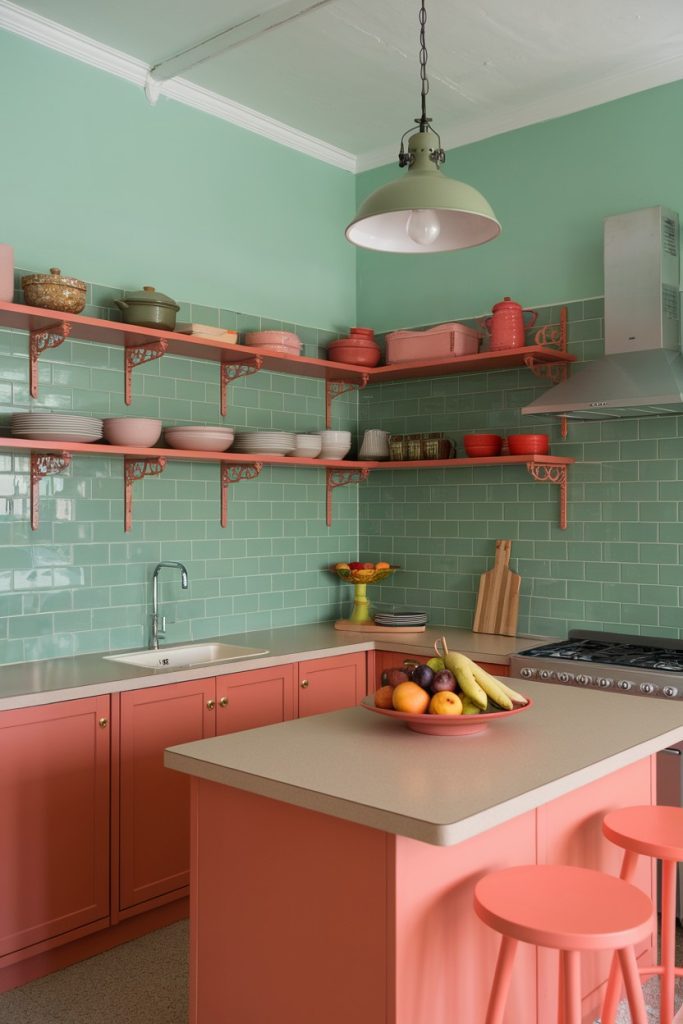 A kitchen with pastel green tiles, coral cabinets and a matching island. Pink dishes sit on open shelves while a bowl of fruit sits on the countertop. A pendant light hangs on the ceiling.