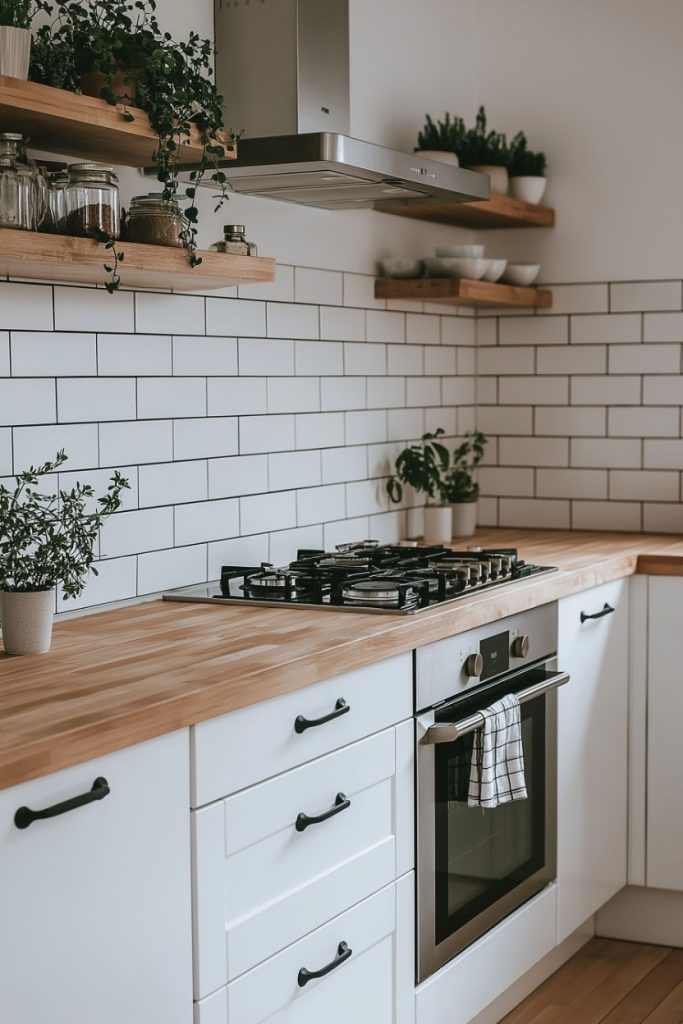 Modern kitchen with white cabinets, wooden worktops, gas stove, green plants and tiled splashback.