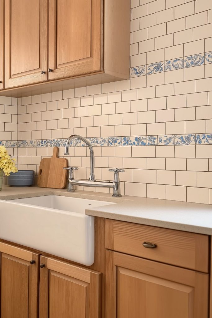 A kitchen with wooden cabinets, a white farmhouse sink, a floral tiled backsplash, a cutting board and a small vase of yellow flowers.