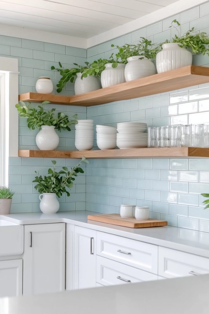 A kitchen with a light blue tile backsplash, wooden shelves with white dishes and green plants, white cabinets and a white countertop.