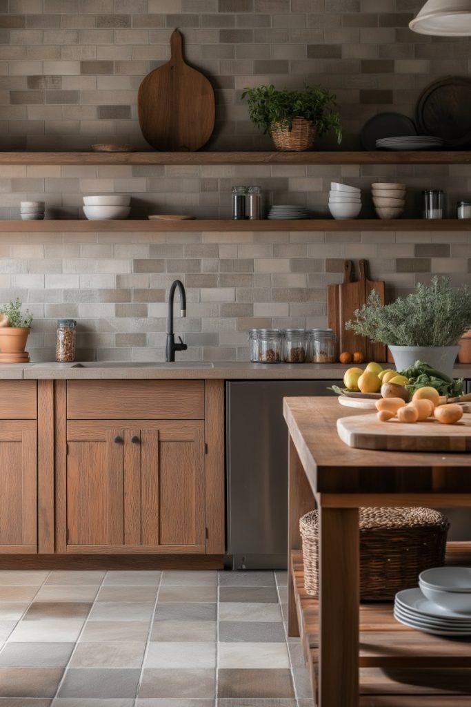 A rustic kitchen features wooden cabinets, shelves with dishes, a black faucet, potted herbs, lemons, eggs on a wooden island, and a tiled backsplash and floor.