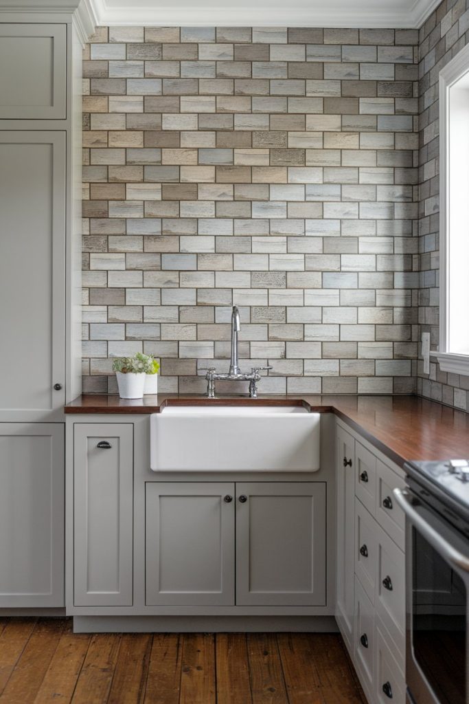 Modern kitchen with farmhouse sink, wooden countertops, brick-style backsplash and a small potted plant by the window.