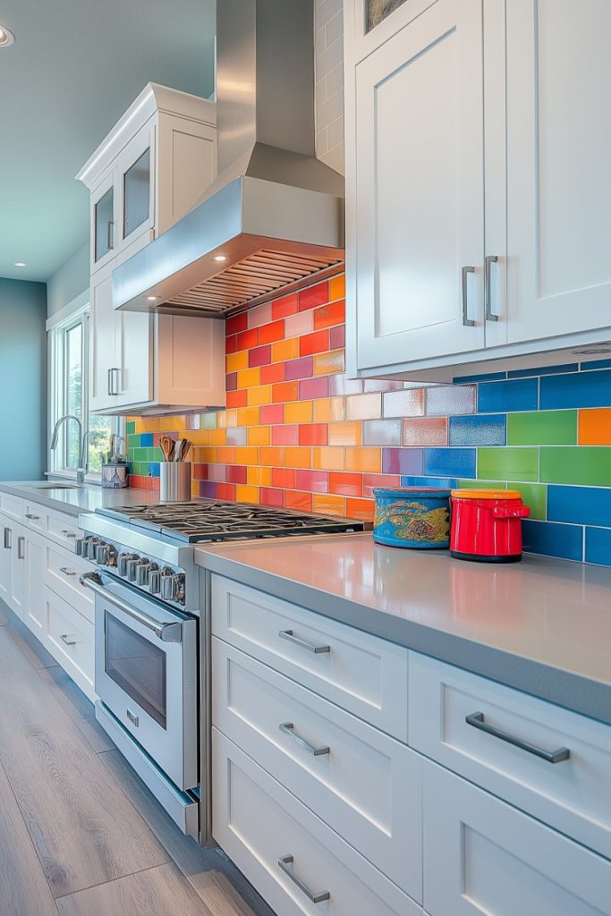 Modern kitchen with white cabinets, stainless steel appliances and colorful rainbow tile backsplash.