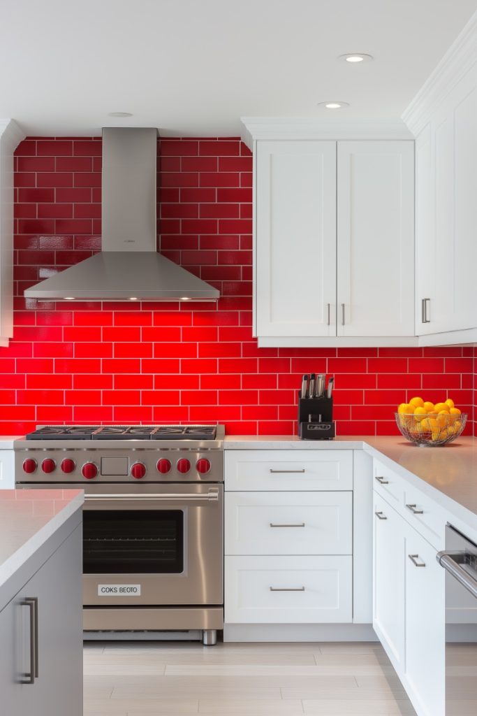 Modern kitchen with stainless steel stove and red tiled splashback. White cabinets and countertops. A knife block and a bowl of lemons on the counter.