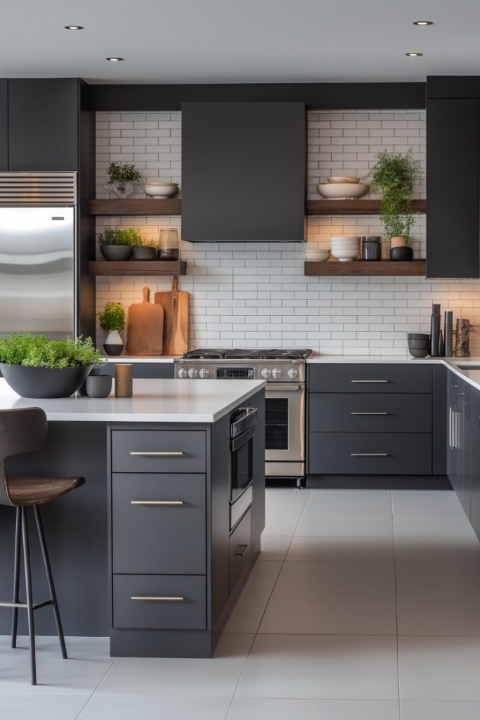 Modern kitchen with dark cabinets, stainless steel appliances and white subway tile backsplash. Open shelves provide space for plants and dishes. Center island with bar stools. Bright and modern space.