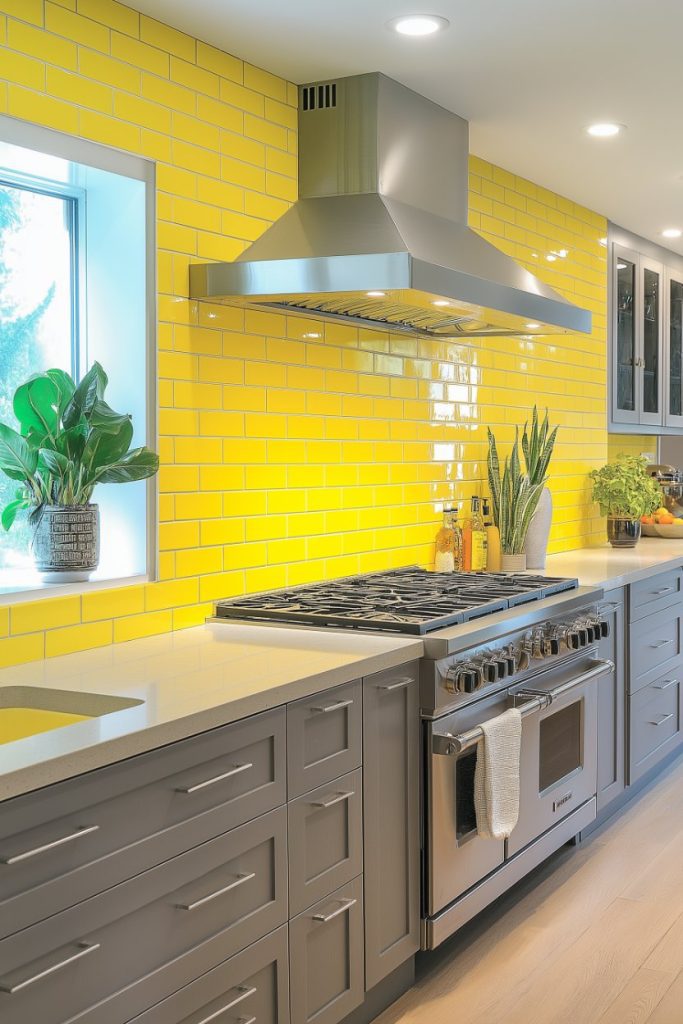 A modern kitchen with a yellow tiled splashback, stainless steel stove and extractor hood, white worktops and gray cupboards. Potted plants sit on the countertop next to a window.