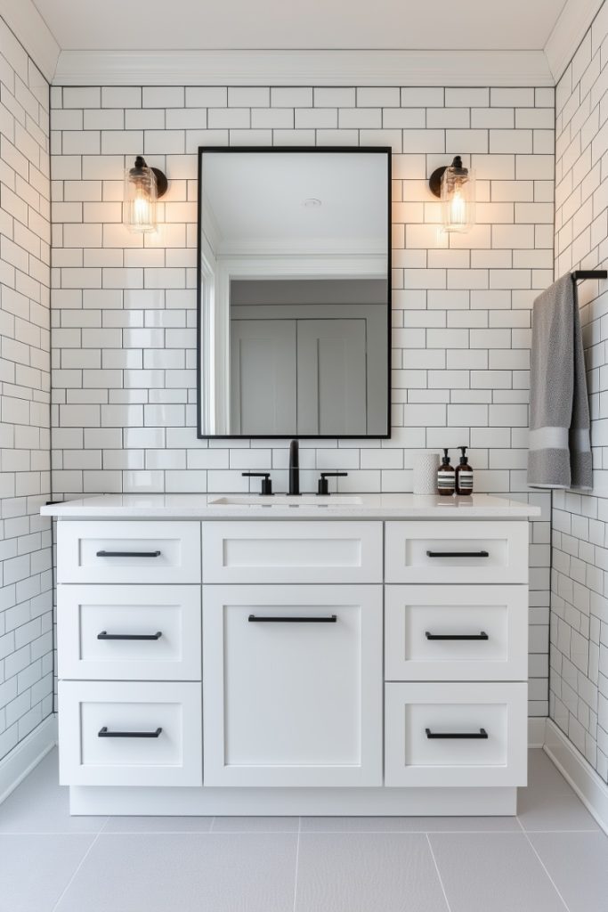 The white bathroom with subway tile walls features a black-framed mirror, a vanity with drawers, two faucets and wall lights. To the right there is a towel hanging on a stand.