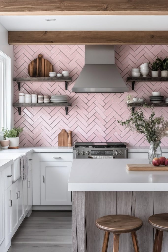 A modern kitchen with a pink herringbone backsplash, open shelving, a central stove, wooden beams and a white island worktop decorated with plants and fruits.