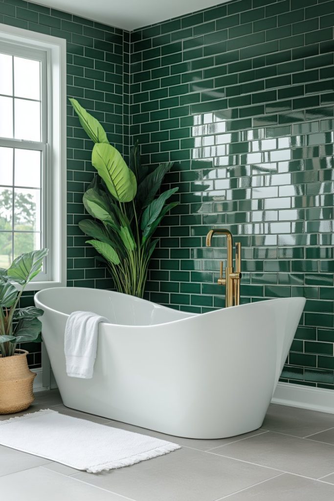 A modern bathroom features a white freestanding bathtub with a towel, green tiled walls, a gold faucet, a potted plant and a window letting in natural light.