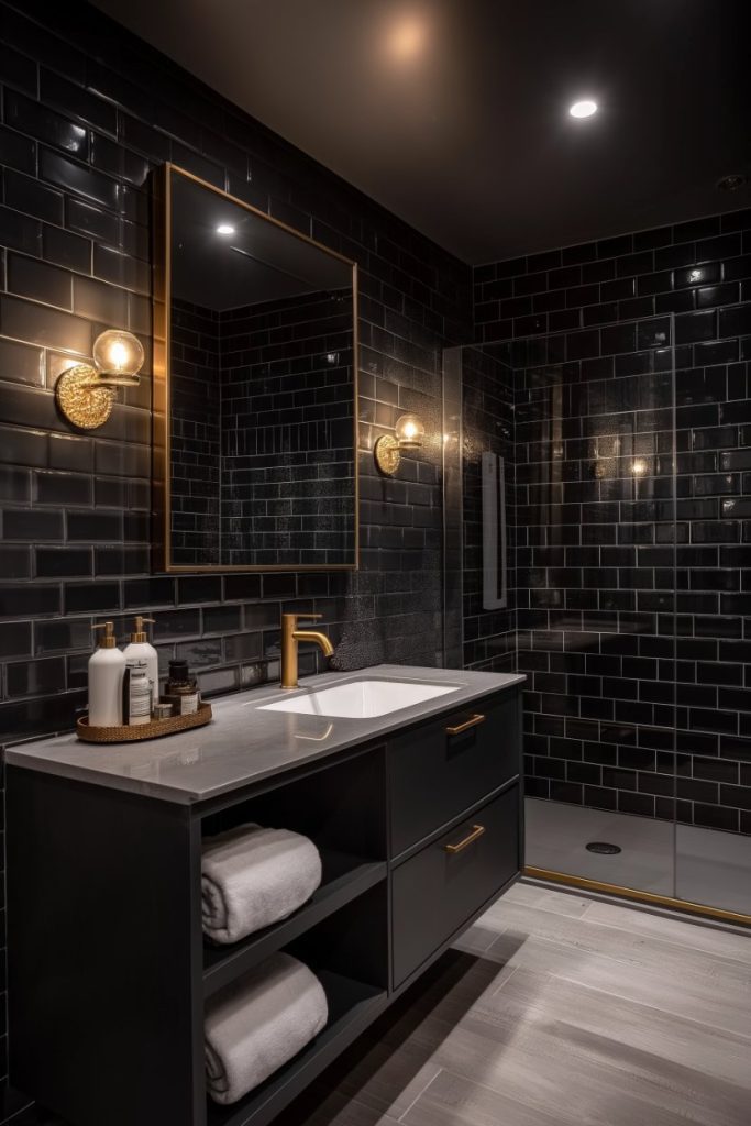 Modern bathroom with black subway tile walls, a large mirror above a black vanity with gold accents, a white sink, neatly arranged towels and a glass-enclosed shower with overhead lighting.