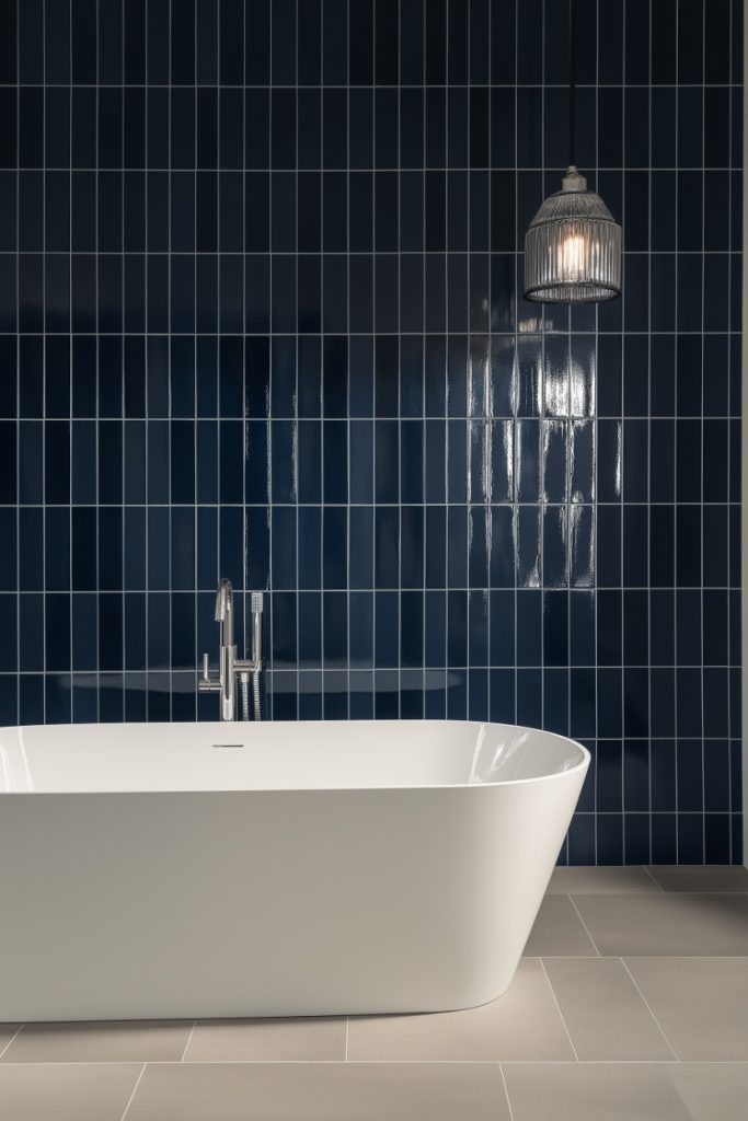 A modern bathroom with a white freestanding bathtub, a dark blue tiled wall and a cage-style hanging lamp. The floor is covered with light beige tiles.