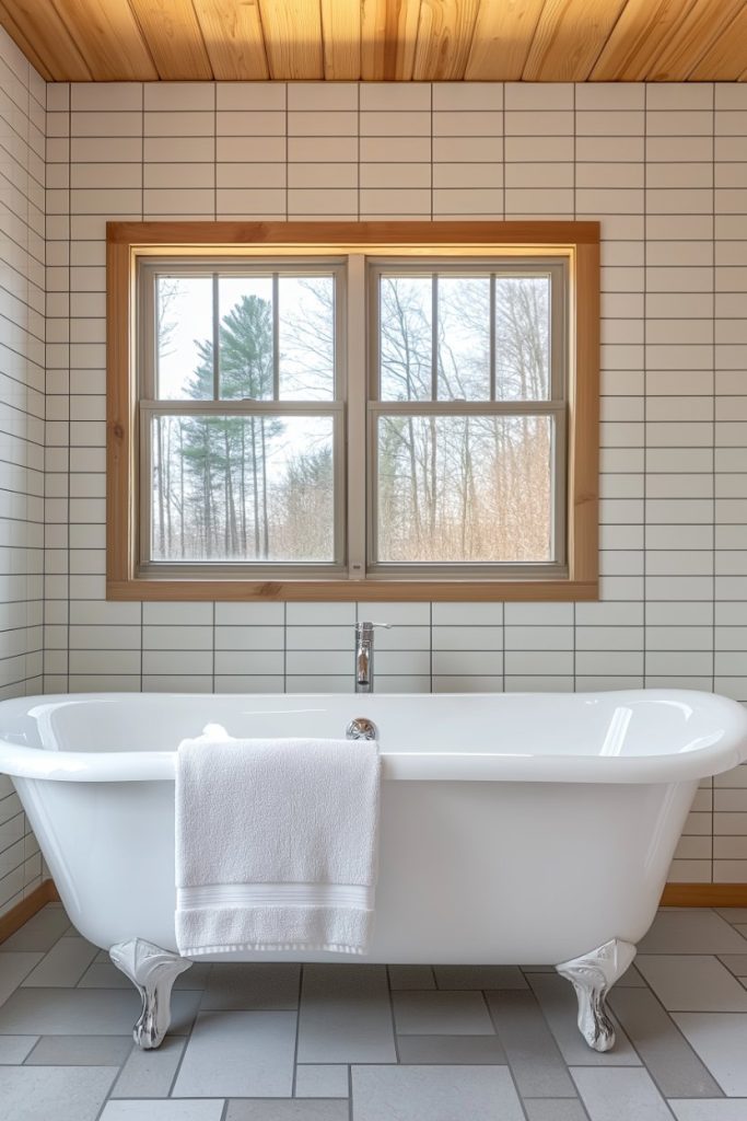 A white clawfoot bathtub with a folded towel on top sits in front of a window overlooking trees, surrounded by white tiled walls and a wood-paneled ceiling.