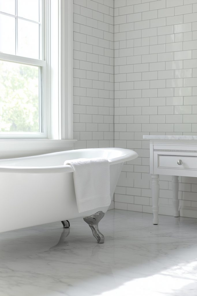 In a tiled bathroom, a white clawfoot tub sits next to a window and a small white vanity with a towel over it.