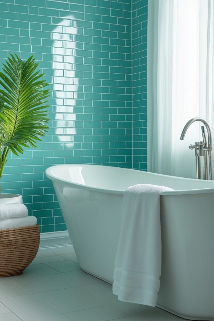 A white bathtub with a towel draped on the side sits in front of a wall of teal tiles. A potted plant and stacked towels stand nearby. Natural light comes through a window with sheer curtains.