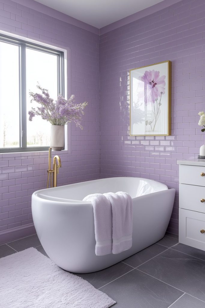 Bathroom with a freestanding white bathtub, lavender tiled walls, a window and a floral painting. There is a small plant and a towel on the tub, and there is a purple flower arrangement on the window sill.