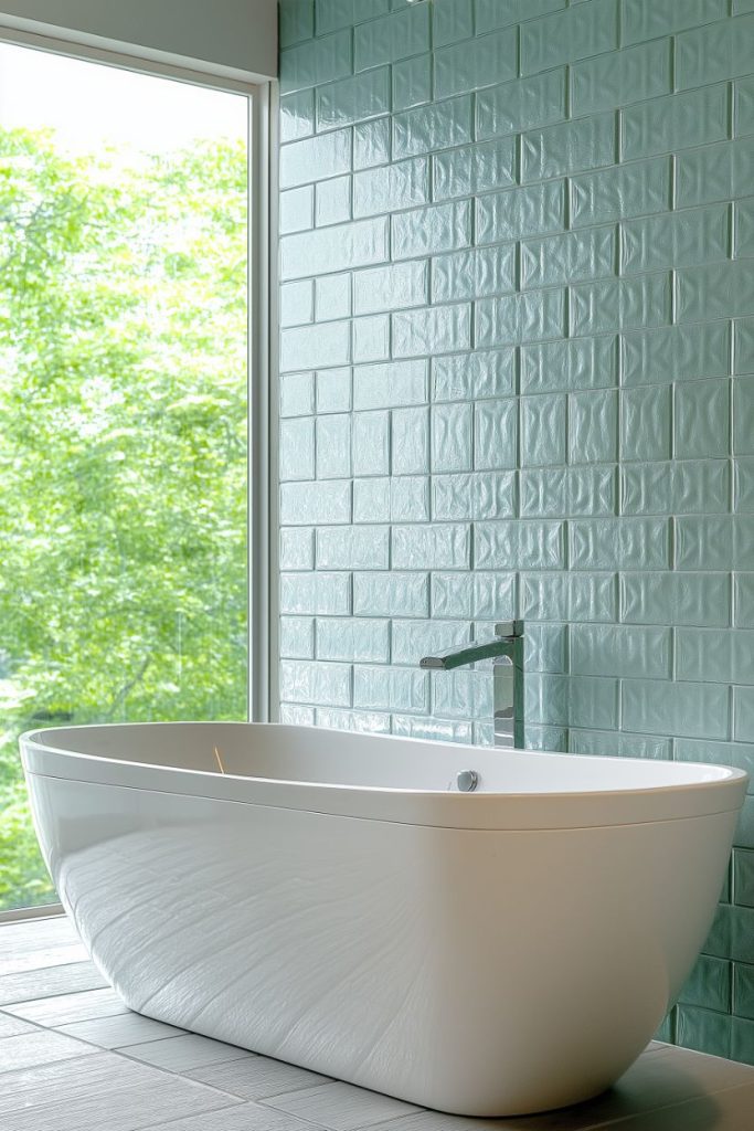 Freestanding white bathtub next to a large window with a view of green leaves, in front of a wall with textured green tiles.