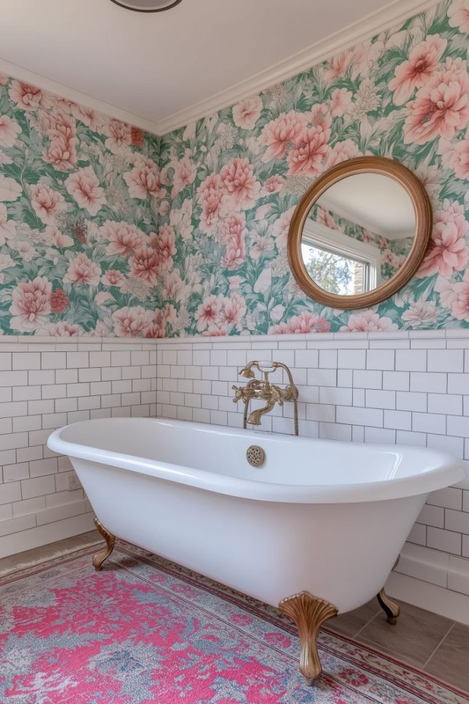 Bathroom with floral wallpaper, white subway tiles, a clawfoot tub and a round mirror. There is a pink and gray carpet on the floor.