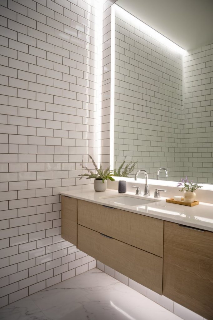 Modern bathroom with wooden vanity, large mirror and white subway tiles. On the countertop there is a sink, small plants and a soap dish. Soft light underlines the clear design.