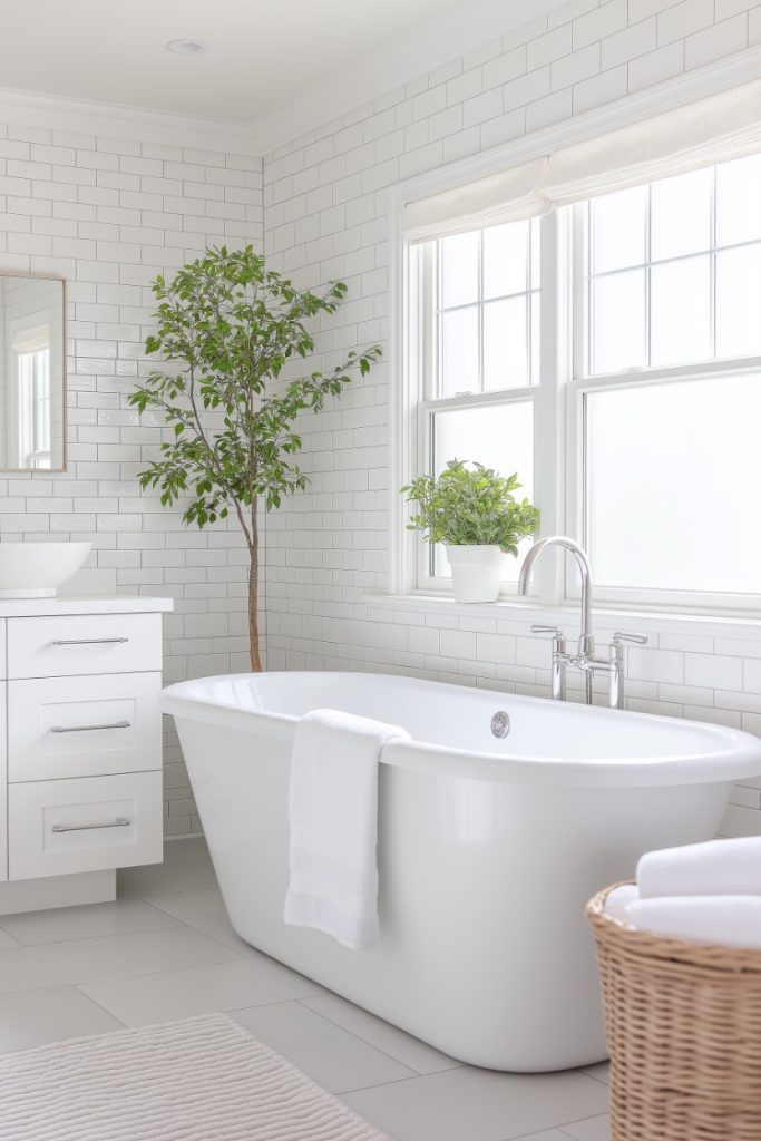 A white bathroom with a freestanding bathtub and a towel hung over the side. A plant sits next to a cabinet with a sink and mirror and under a window that lets in natural light.