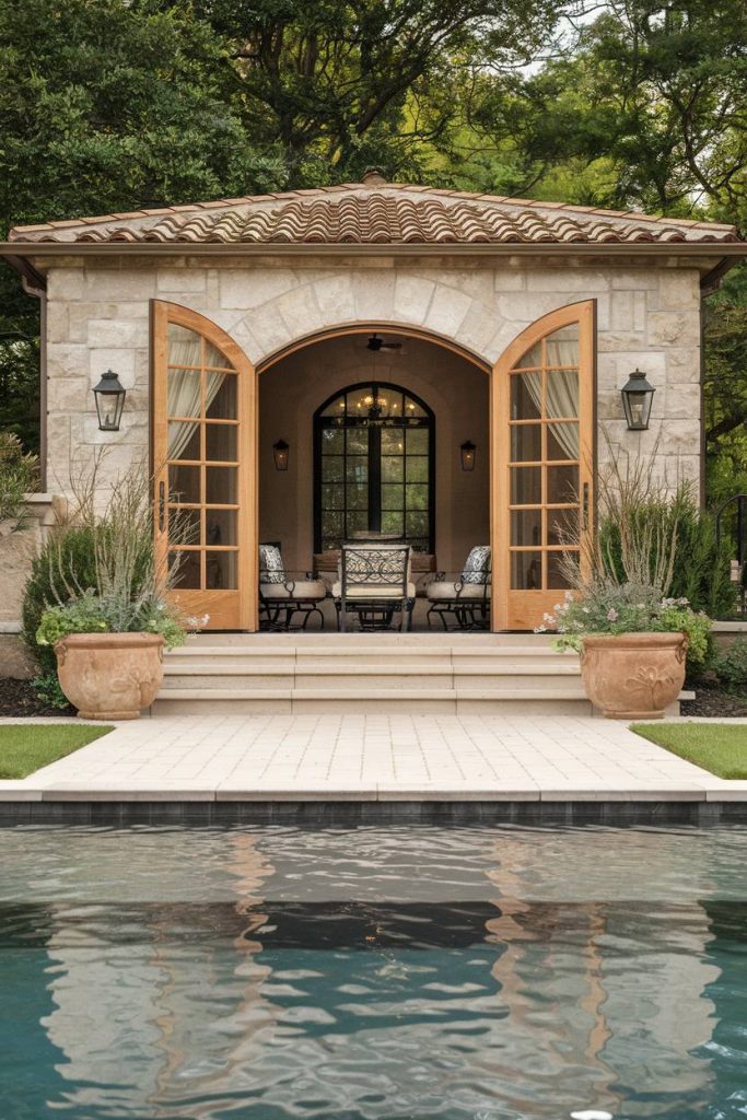 A stone pool house with arched wooden doors and a terracotta roof is surrounded by plants. Inside, a range of patio furniture can be seen. The foreground shows a pool and a tiled terrace.