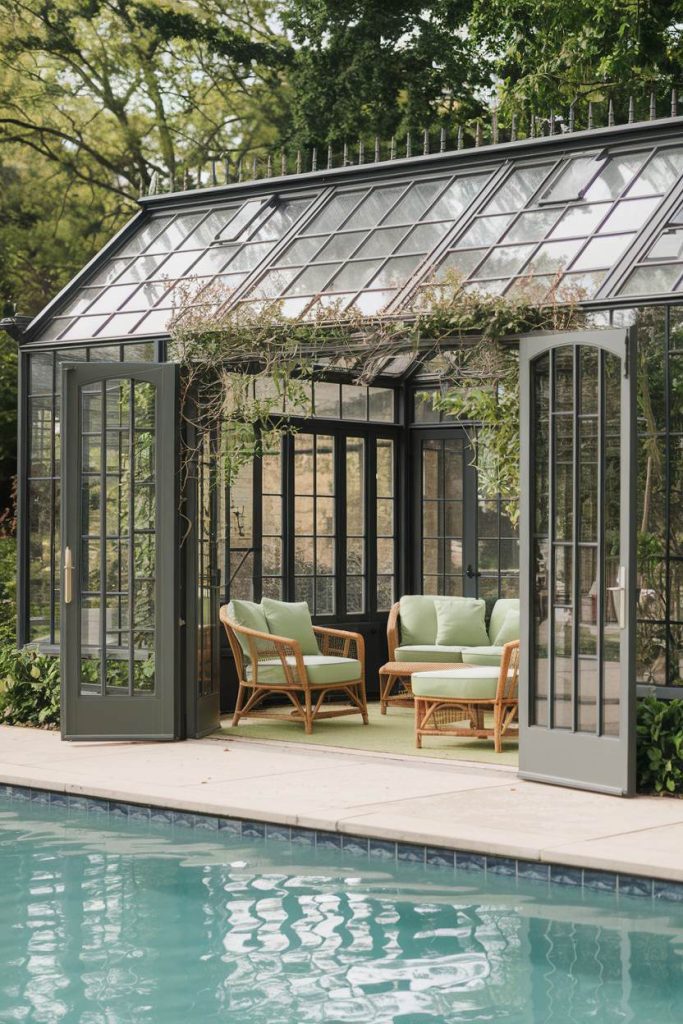 A glass greenhouse by a pool with open double doors. Inside, wicker furniture with green cushions is arranged, surrounded by climbing plants. Trees can be seen in the background.