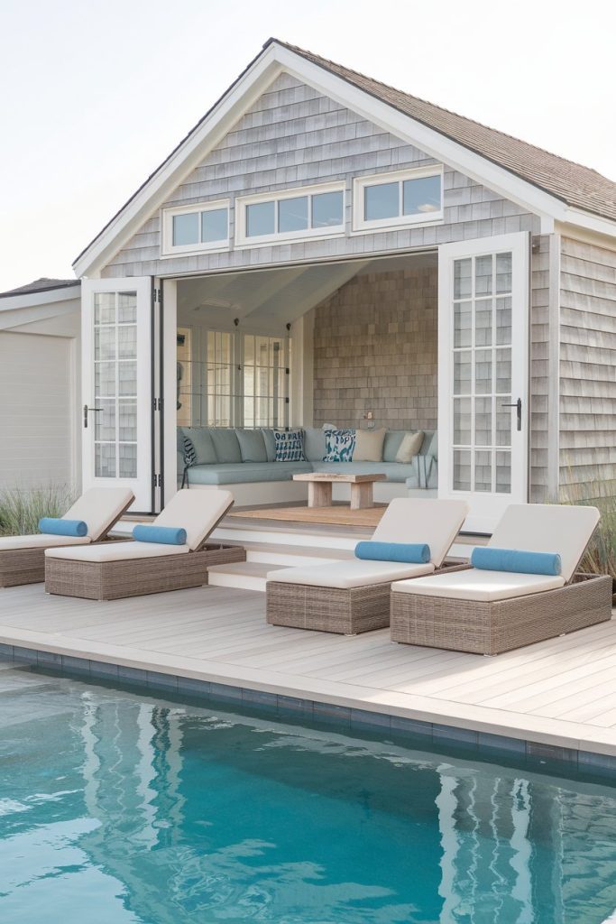 Pool view of a beach house with open doors, cushioned lounge chairs and a spacious indoor seating area overlooking a clear pool.