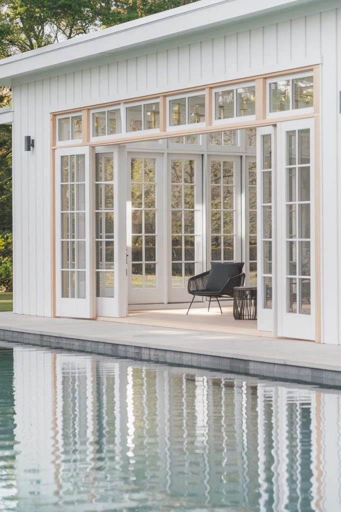 Modern poolside terrace with white <a href=