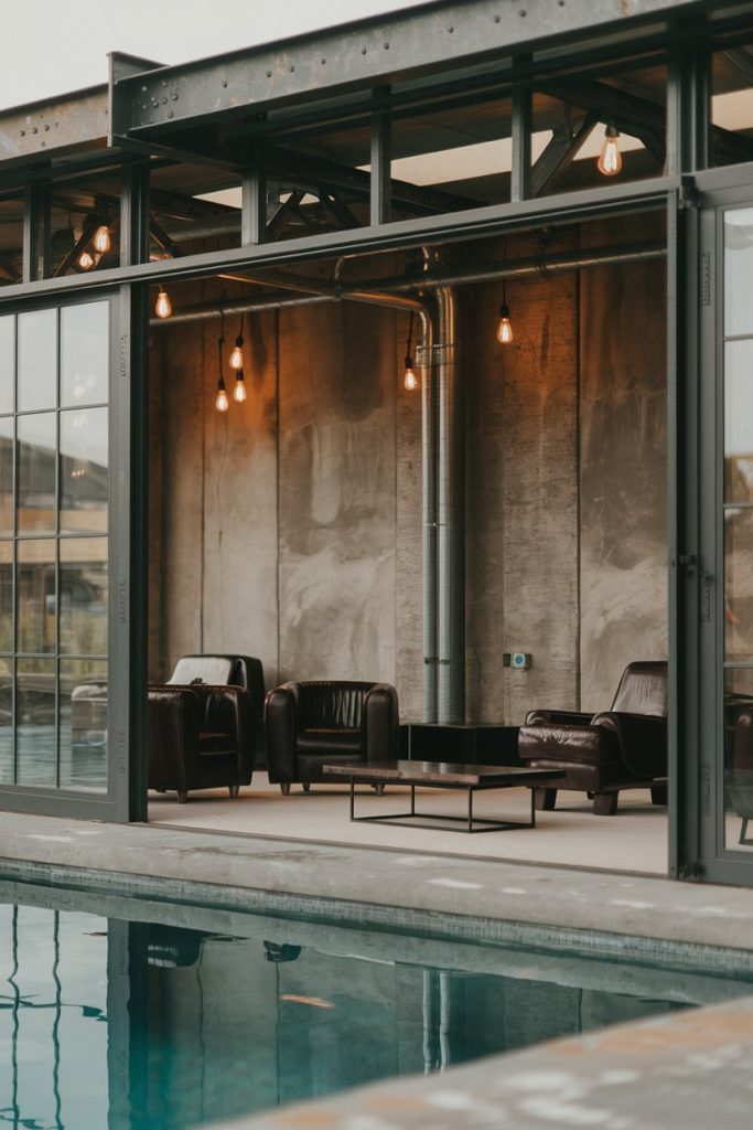 Industrial-style lounge with leather armchairs, a metal table, exposed pipes and hanging light bulbs, adjacent to a swimming pool separated by <a href=