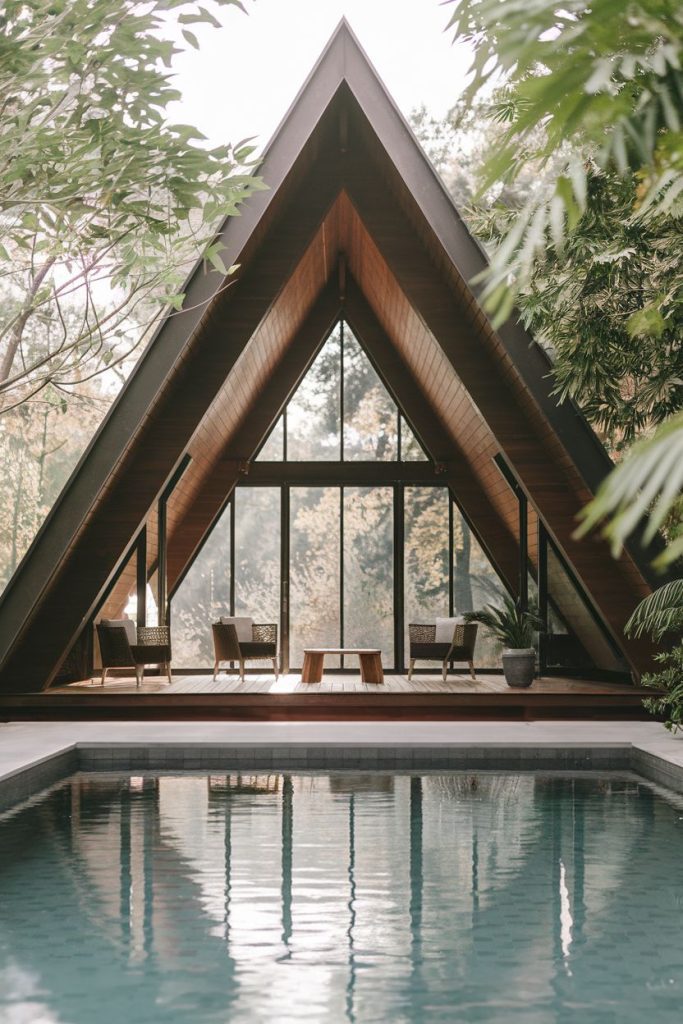 A-frame cabin with large windows surrounded by trees overlooking a tranquil pool with three wicker chairs and a small table on the patio.