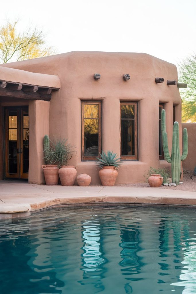 Southwestern style mud house with large windows, clay pots and cacti, adjacent to a clear swimming pool.