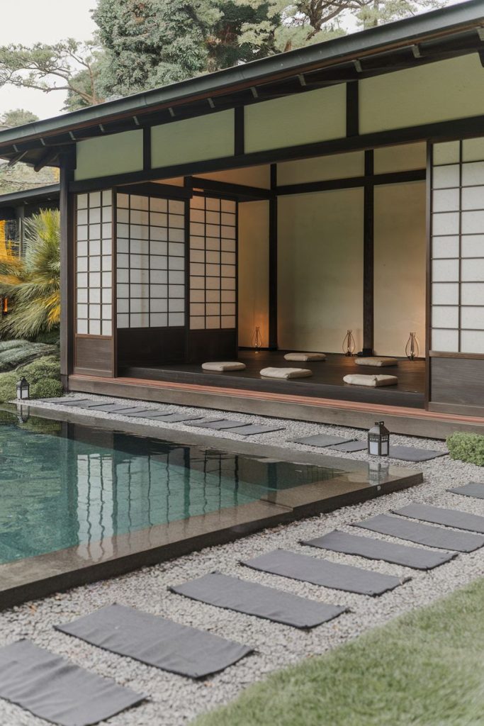 A tranquil Japanese-style garden with a stone path leading to a traditional open space with cushions on the floor. In the foreground is a reflecting pool.